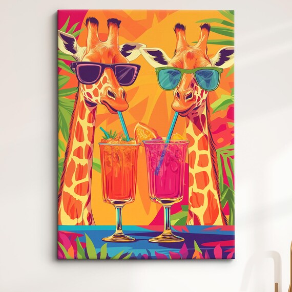 Two Giraffes Sunglasses Sipping Tropical Drinks Fun Pop Art Safari Poster