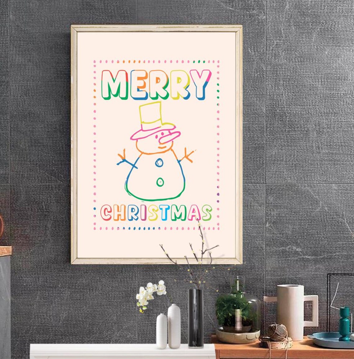 Hand Drawn Rainbow Merry Christmas Snowman Festive Holiday Art Poster - Image 2