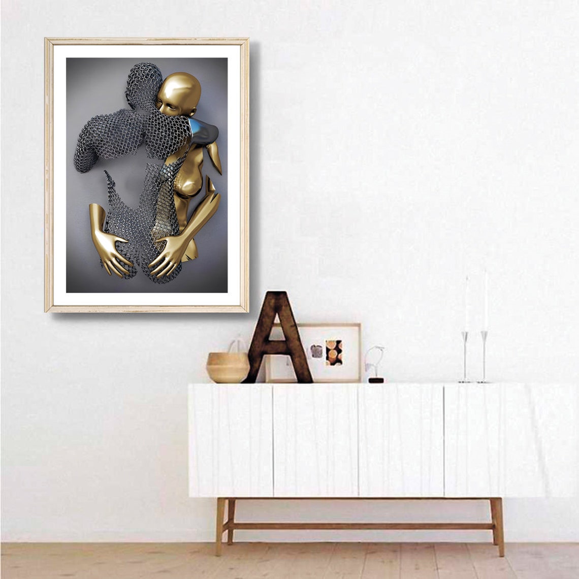 Silver And Gold Embracing Couple 3D Love Metallic Art Poster - Image 3