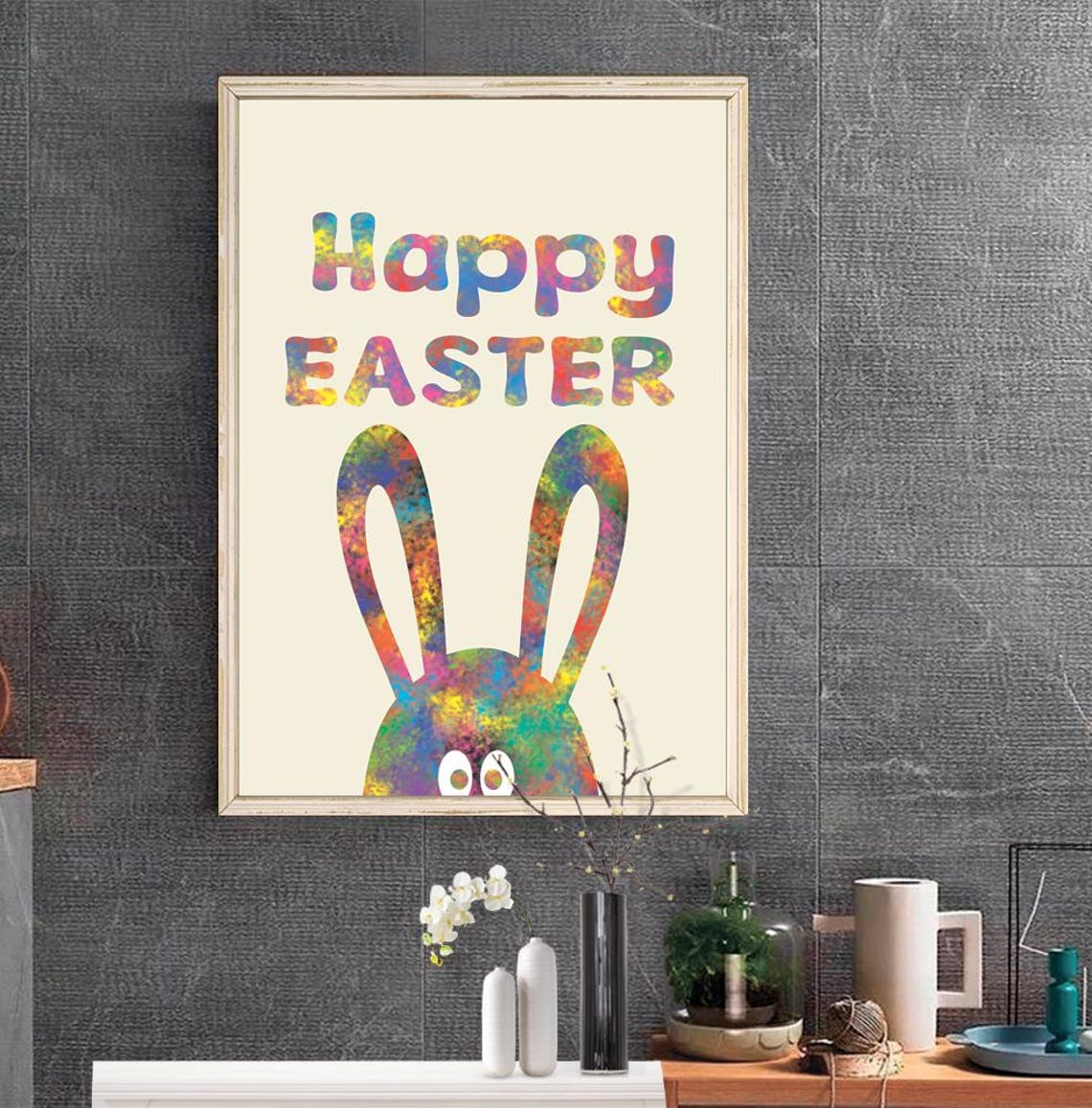 Happy Easter Tie Dye Bunny Peeking Cute Spring Holiday Decor Poster - Image 2