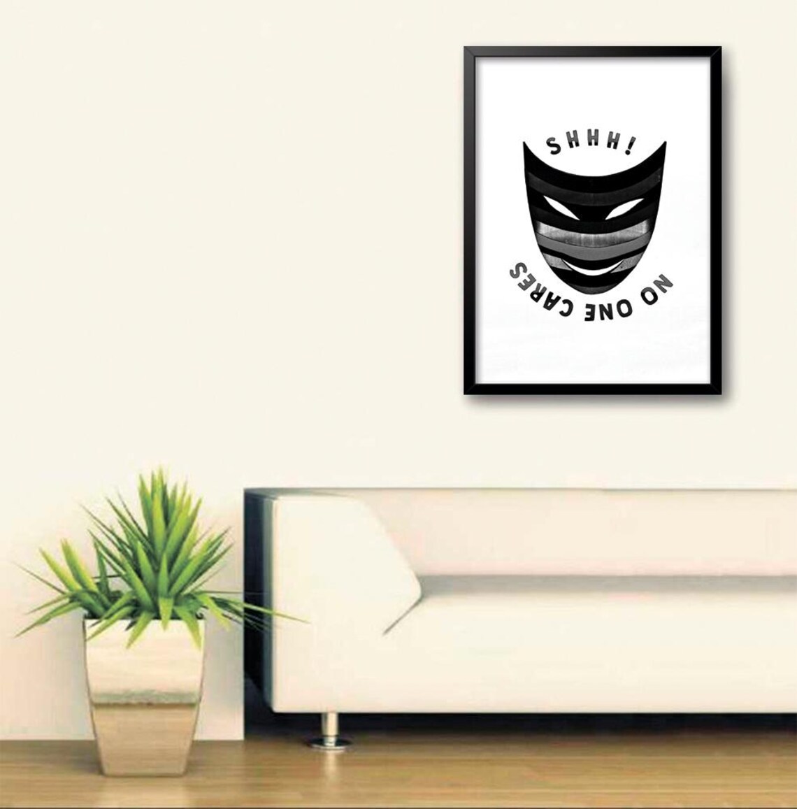 Shhh No One Cares Black And White Striped Mask Humor Art Poster - Image 3