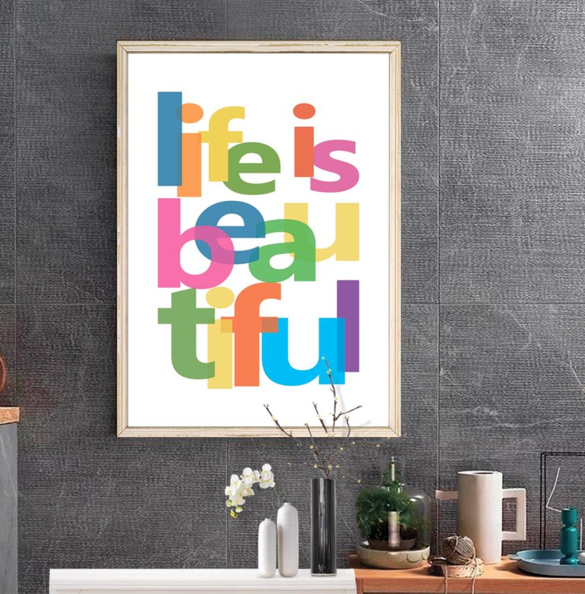 Life Is Beautiful Colorful Overlapped Letters Inspirational Quote Poster - Image 2
