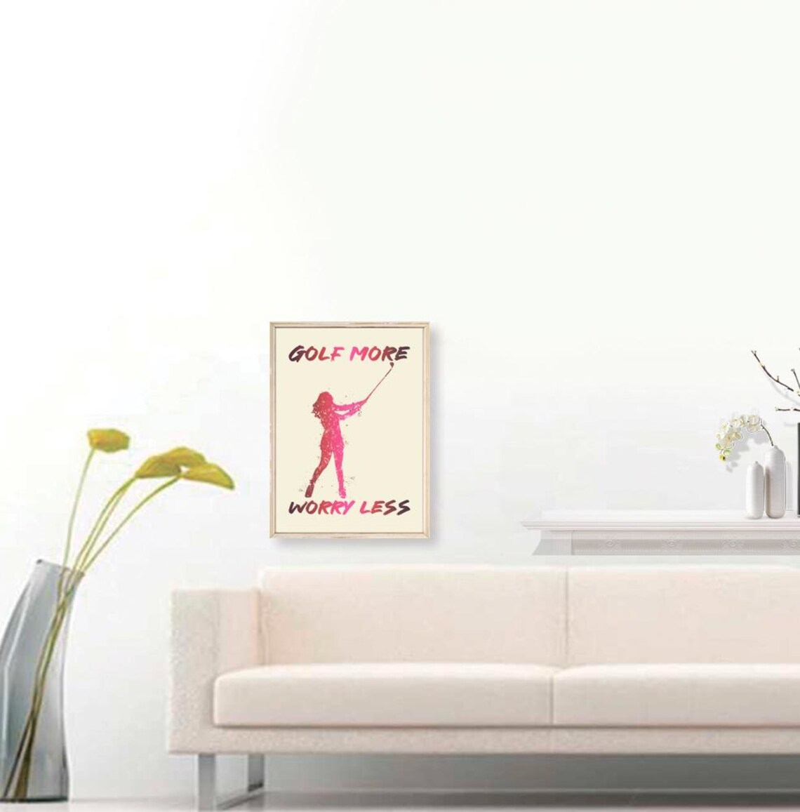 Golf More Worry Less Pink Golfer Lady Swing Watercolor Quote Poster - Image 3