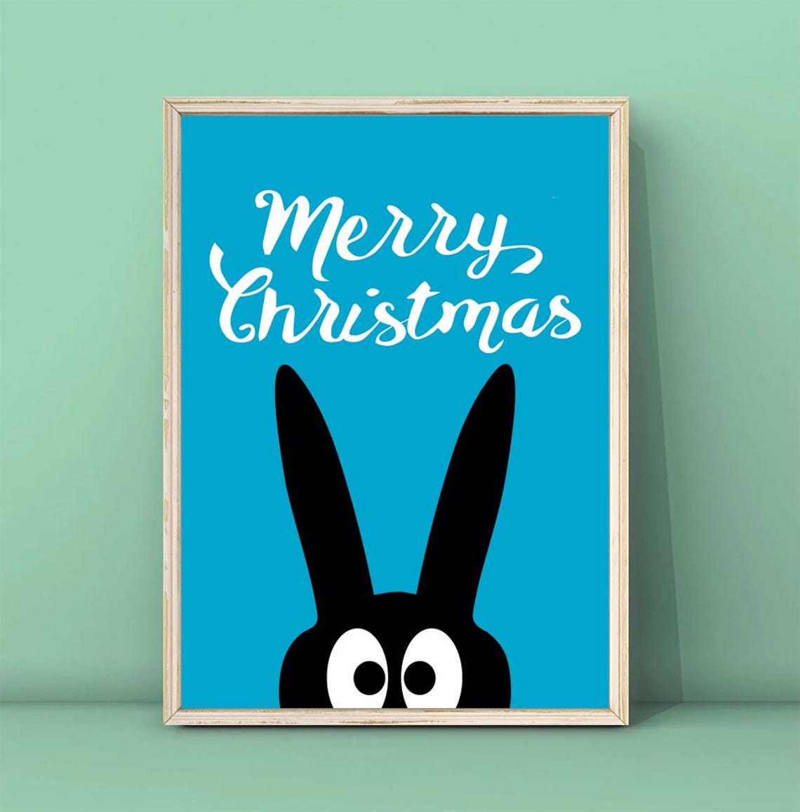Merry Christmas White Script Blue Background Cute Bunny Decor Poster