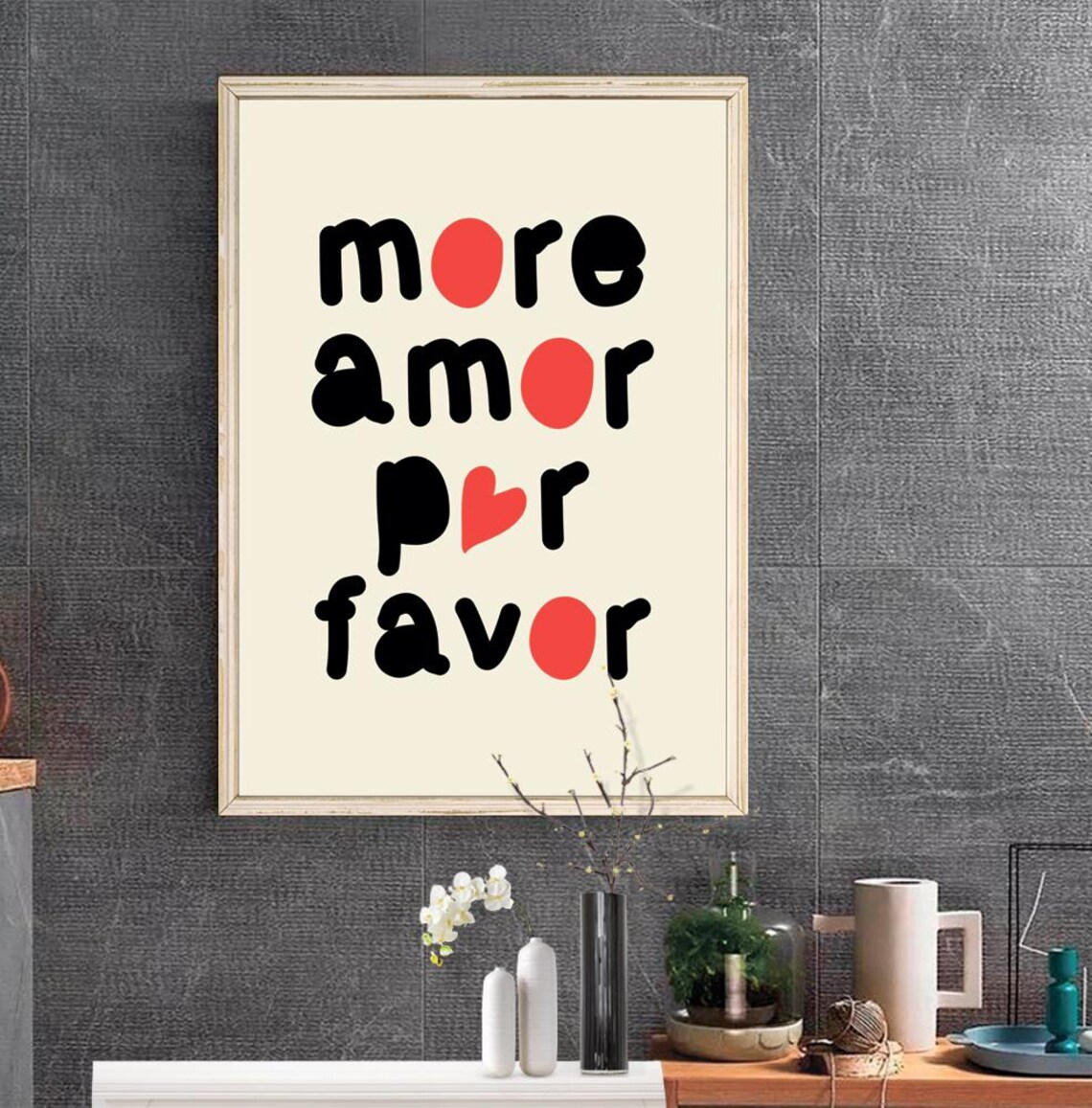 More Amor Por Favor Playful Black Red Heart Quote Wall Print - Image 2