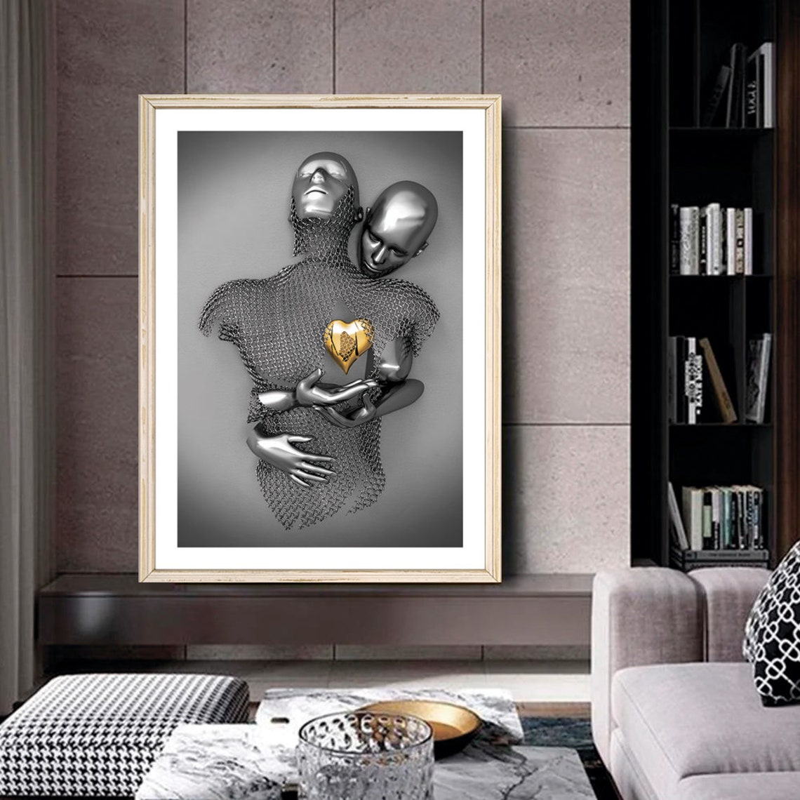 Romantic Silver Gold Embracing Couple Golden Heart Modern Art Poster
