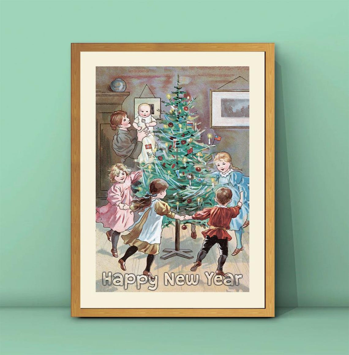 Vintage Happy New Year Children Christmas Tree Dance Art Poster