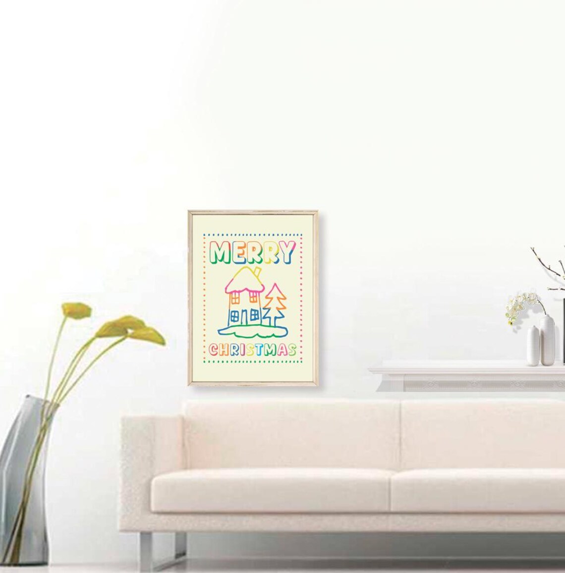 Merry Christmas Neon Outline House Tree Doodle Holiday Wall Print - Image 3