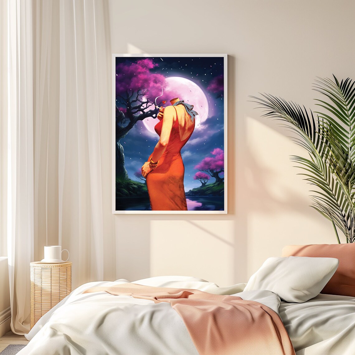 Scarlet Surreal Woman Red Dress Moonlit Night Purple Sky Poster