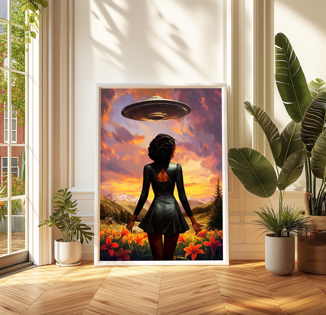 Cosmic Visitor Woman Watching UFO Over Sunset Surreal Wall Art