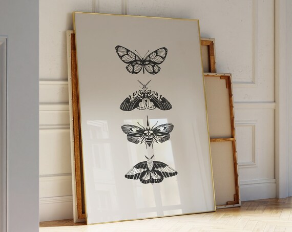 Minimalistic Butterflies Art Print, Black and White
