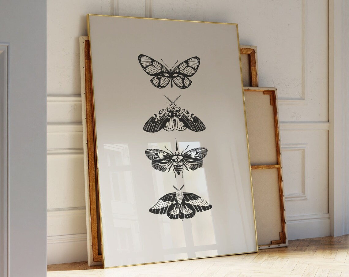 Minimalistic Butterflies Art Print, Black and White
