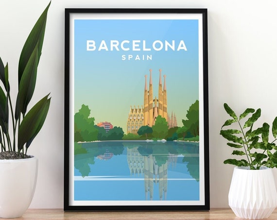 Barcelona Travel Poster, La Sagrada Familia City View