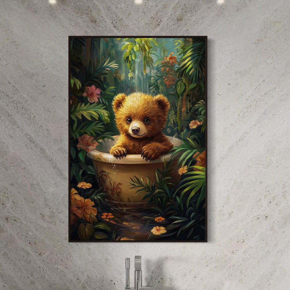 Baby Bear Cub Bath Time Tropical Jungle Flowers Whimsical Nursery Print - Image 5