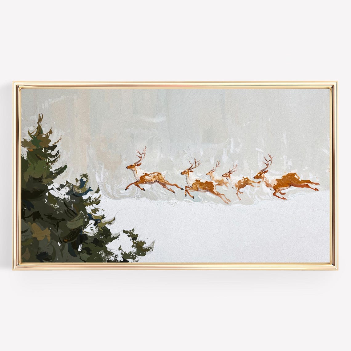 Reindeer Herd Leaping Over Snowy Winter Scene Painted Motion Poster
