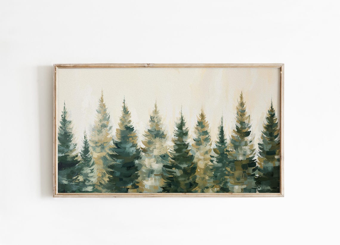 Evergreen Pine Trees Watercolor Painting Cream Background Wall Art