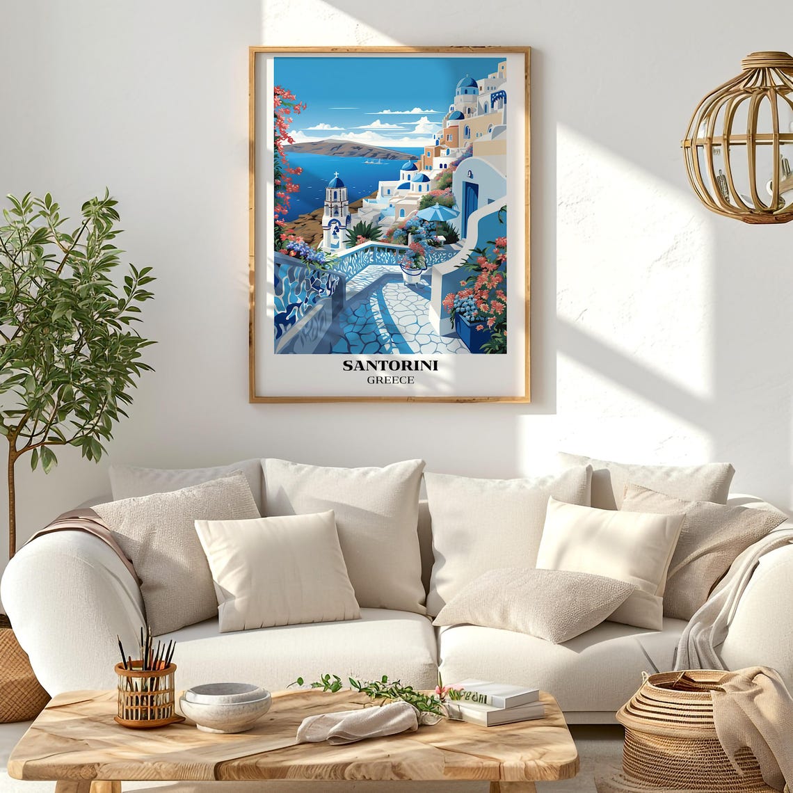 Santorini Greece Blue Domed Churches Flower Stairway Aegean Sea Poster - Image 3