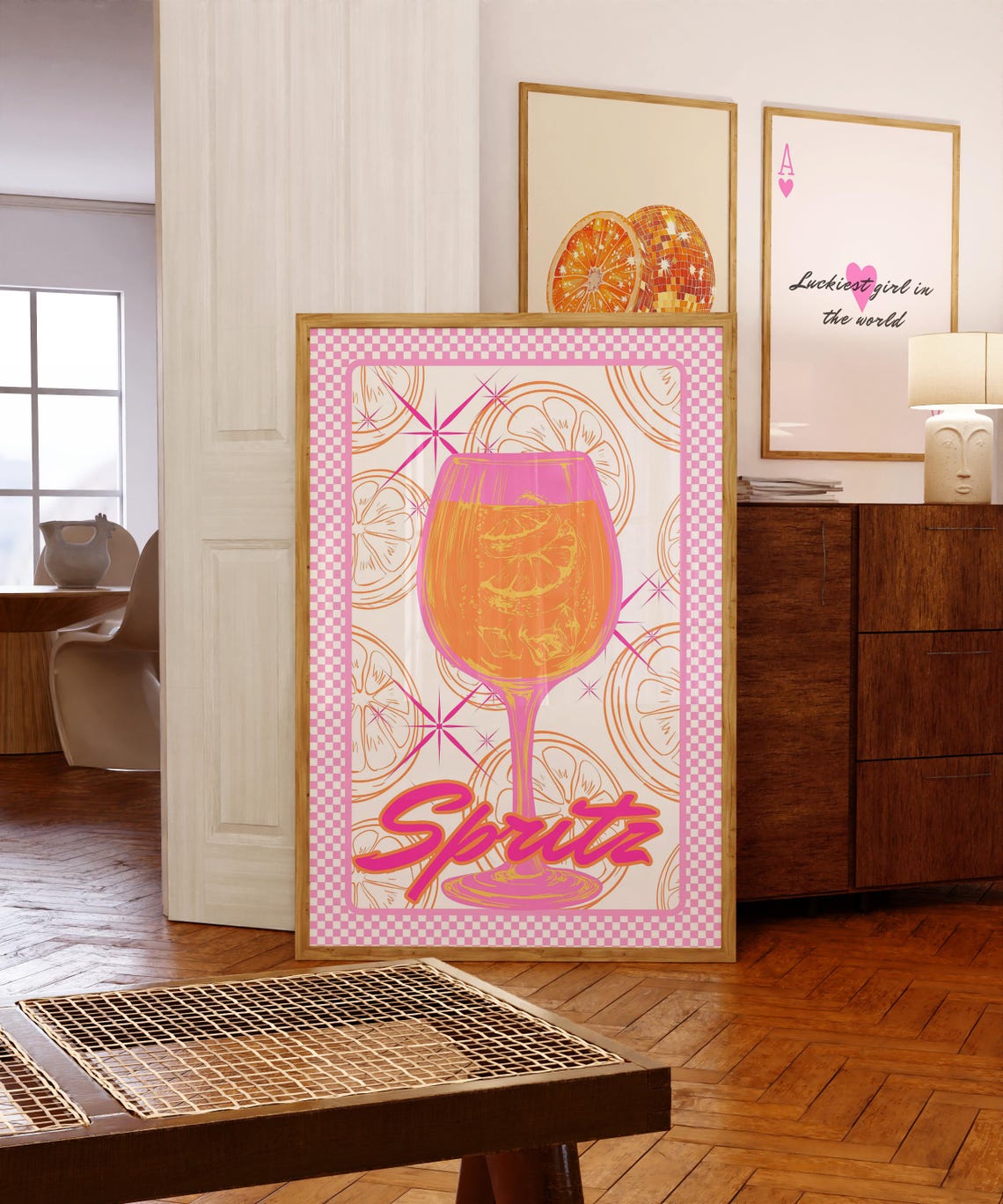 Pink Aperol Spritz Cocktail Retro Checkered Border Drink Poster - Image 2