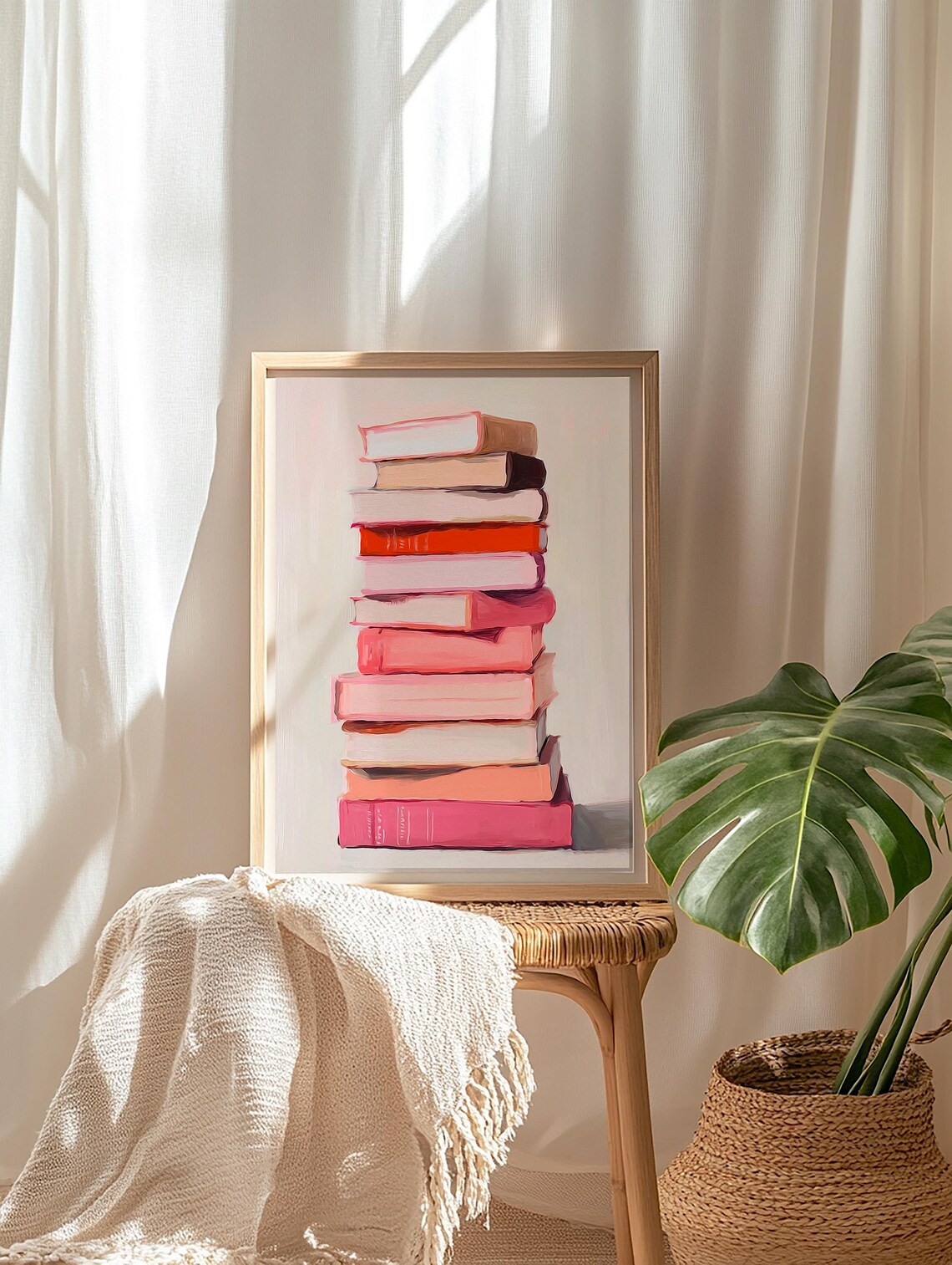 Pink Stacked Books Coquette Watercolor Bookish Girl Room Wall Art - Image 5