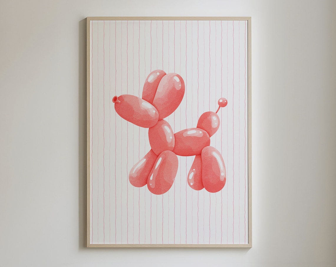 Red Coral Balloon Dog Pink Striped Maximalist Room Decor Poster