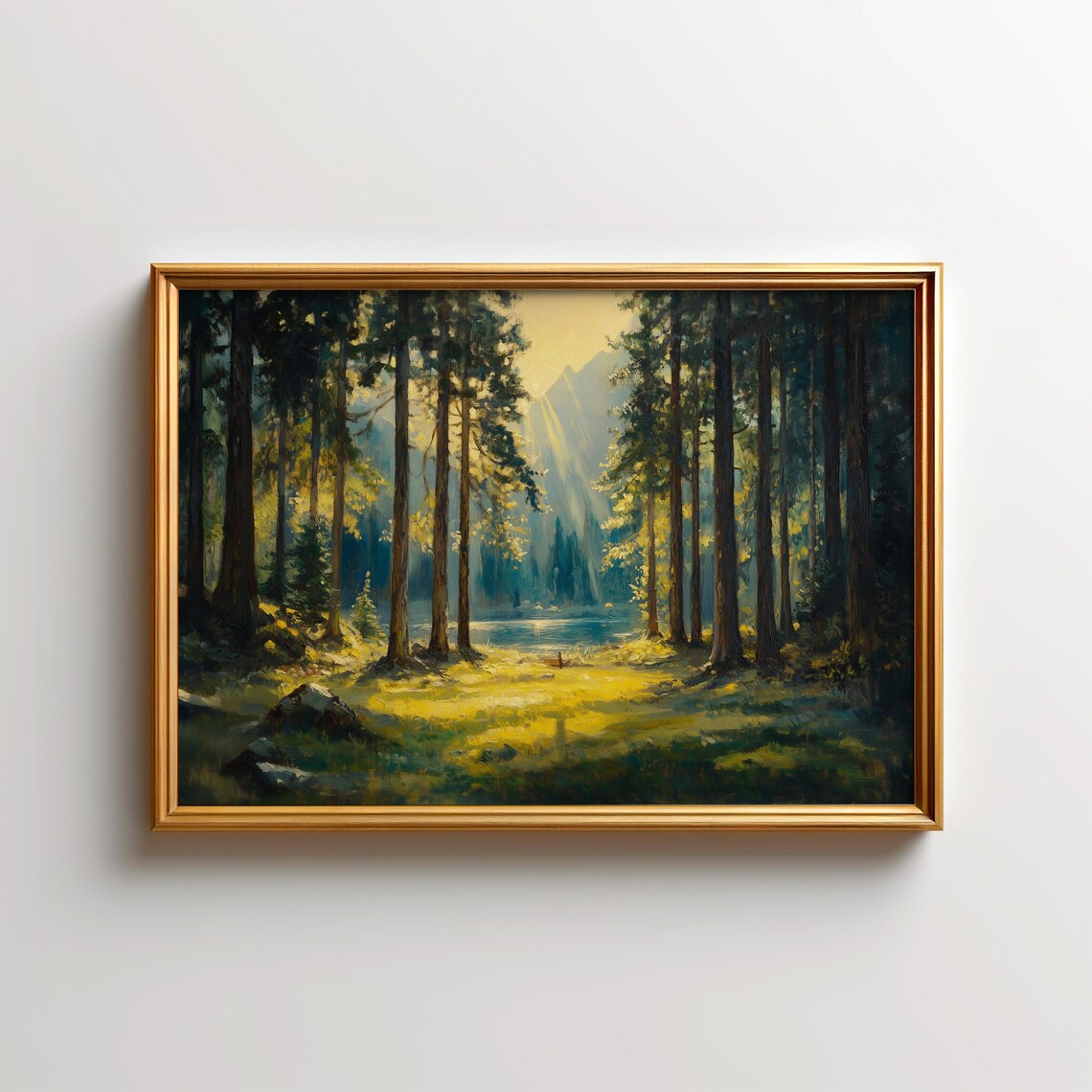 Sunlit Pine Forest Clearing Golden Morning Light Painting Wall Art