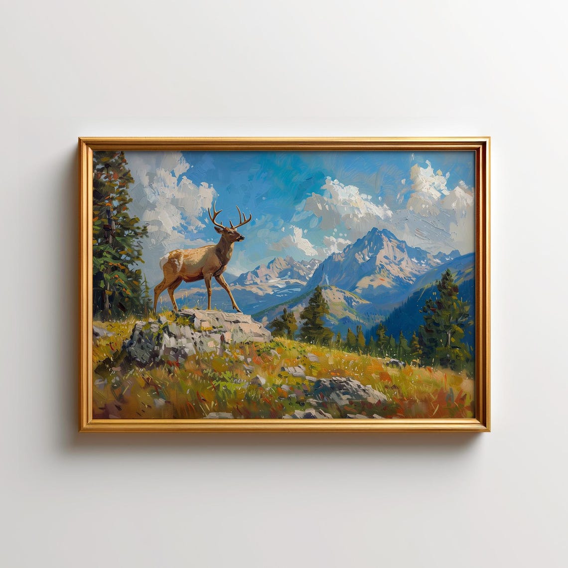 Bull Elk on Rocky Outcrop Mountain Meadow Oil Painting Poster