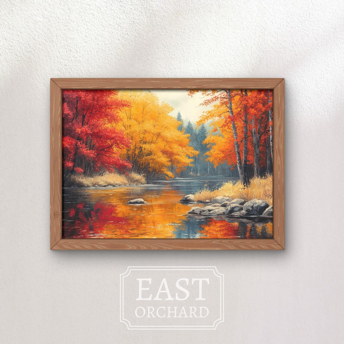 Red Orange Autumn Trees River Reflection Fall Riverbank Painting Poster - Image 2