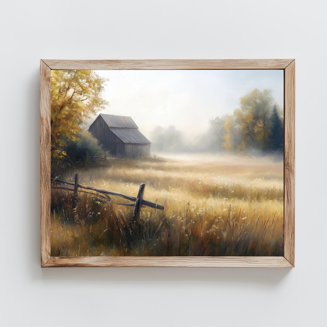 Foggy Autumn Field Weathered Barn Split Rail Fence Vintage Poster