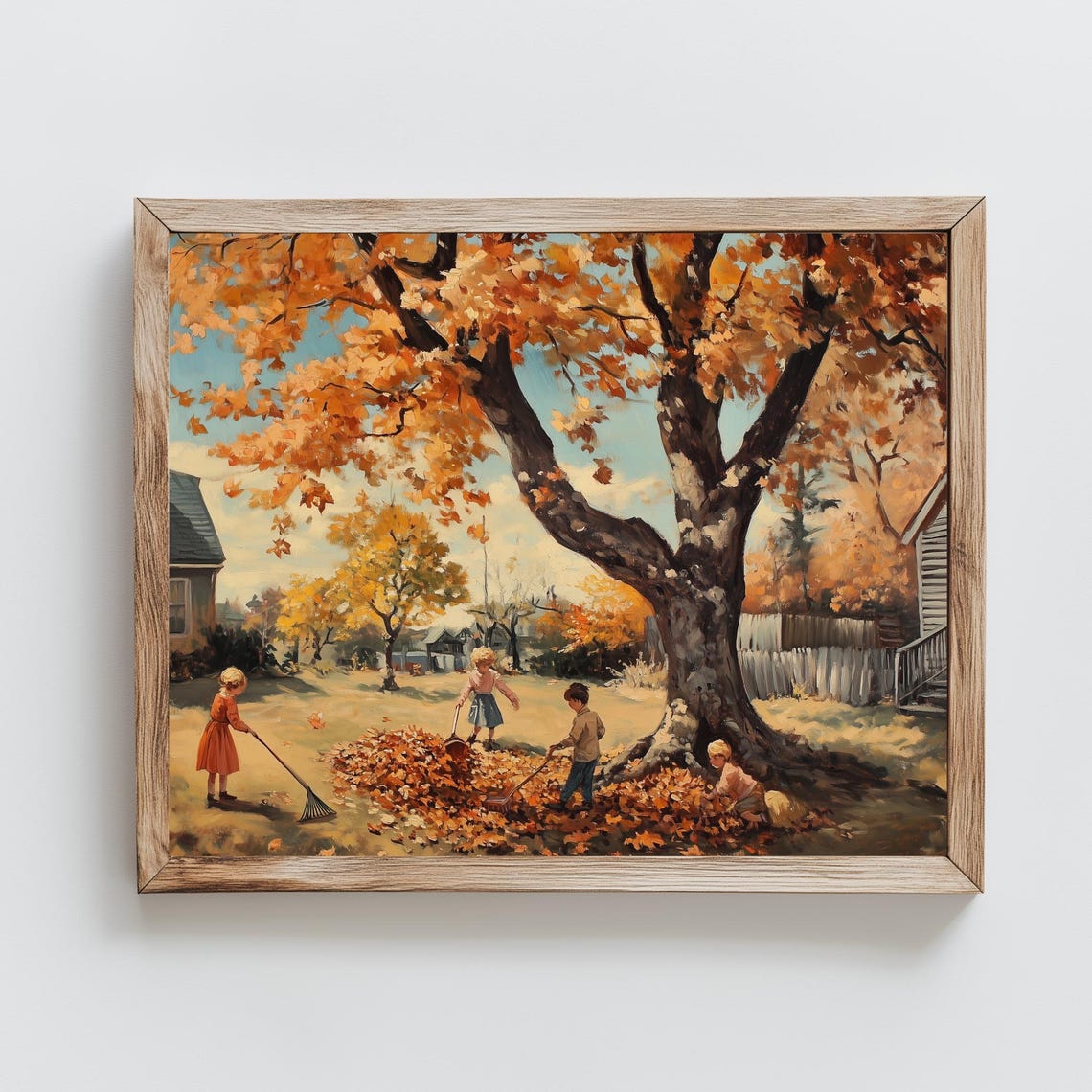 Kids Playing in Autumn Leaves Pile Vintage Nostalgic Fall Poster