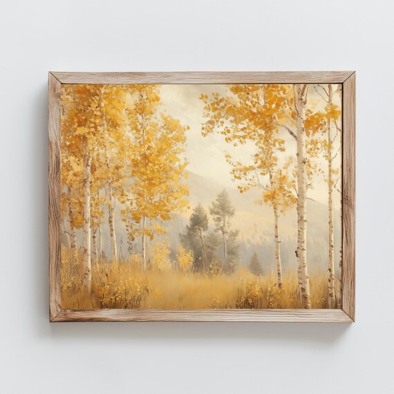 Golden Autumn Birch Trees Misty Mountain Vintage Landscape Poster