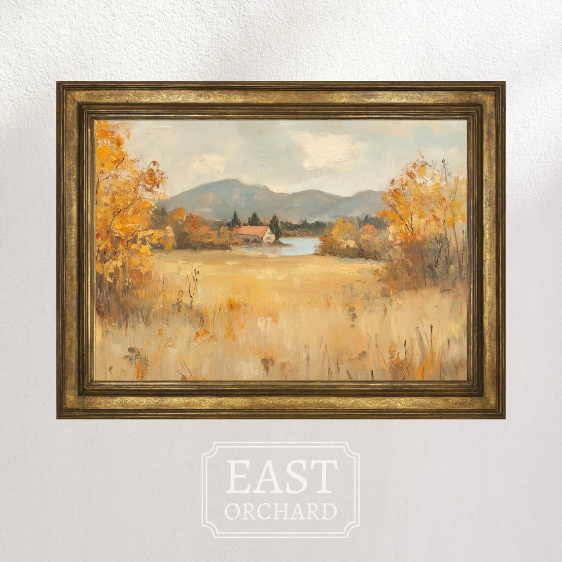 Autumn Field Pond Red Barn Mountains Golden Fall Farmhouse Painting Poster - Image 2