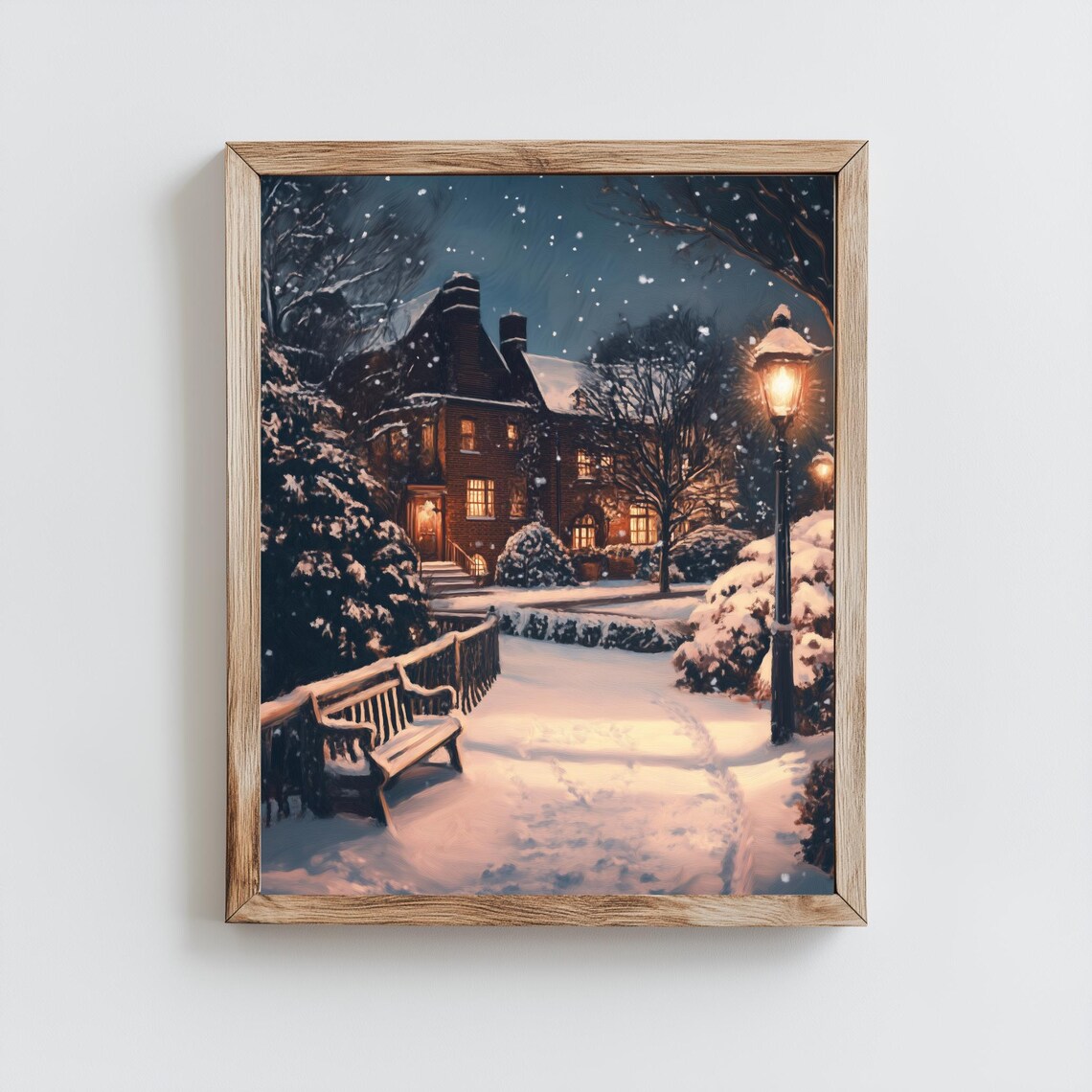 Snowy Winter Night Brick House Glowing Lamp Vintage Christmas Poster