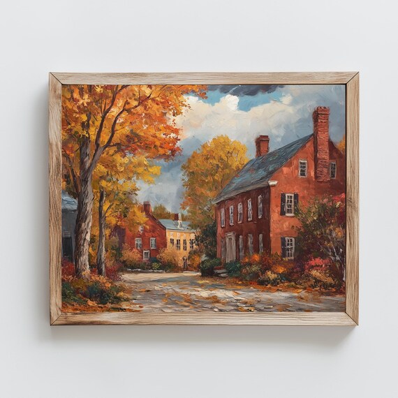 Autumn Colonial Brick Street Golden Maples Vintage Oil Painting Poster