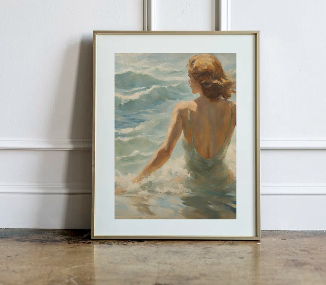 Woman Wading Into Rolling Ocean Waves At Summer Beach Poster