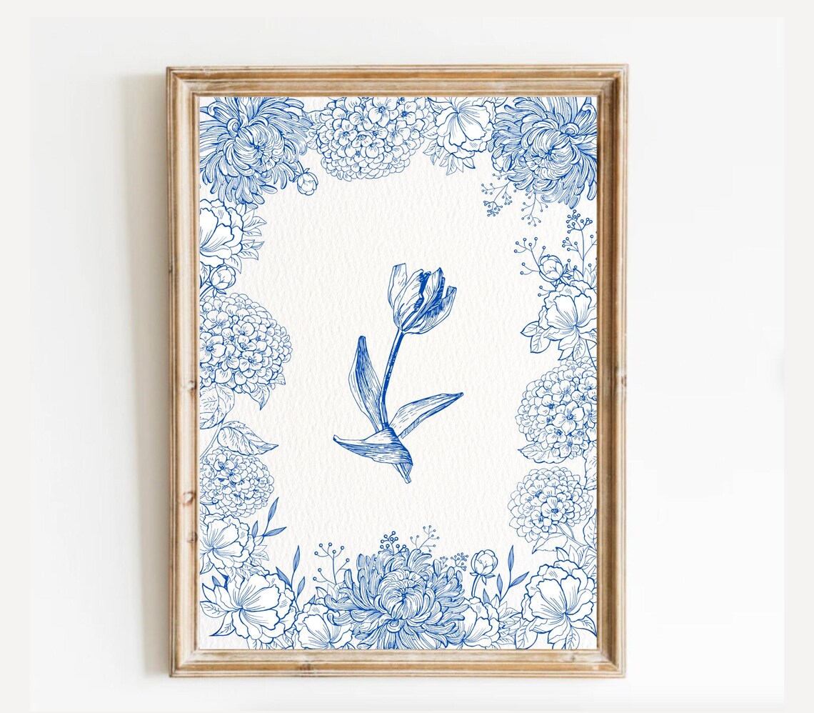 Blue Ink Tulip Botanical Illustration With Floral Border Poster
