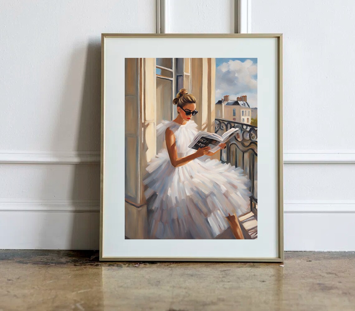 Chic Woman In A White Dress Reading Vogue On A Paris Balcony Print