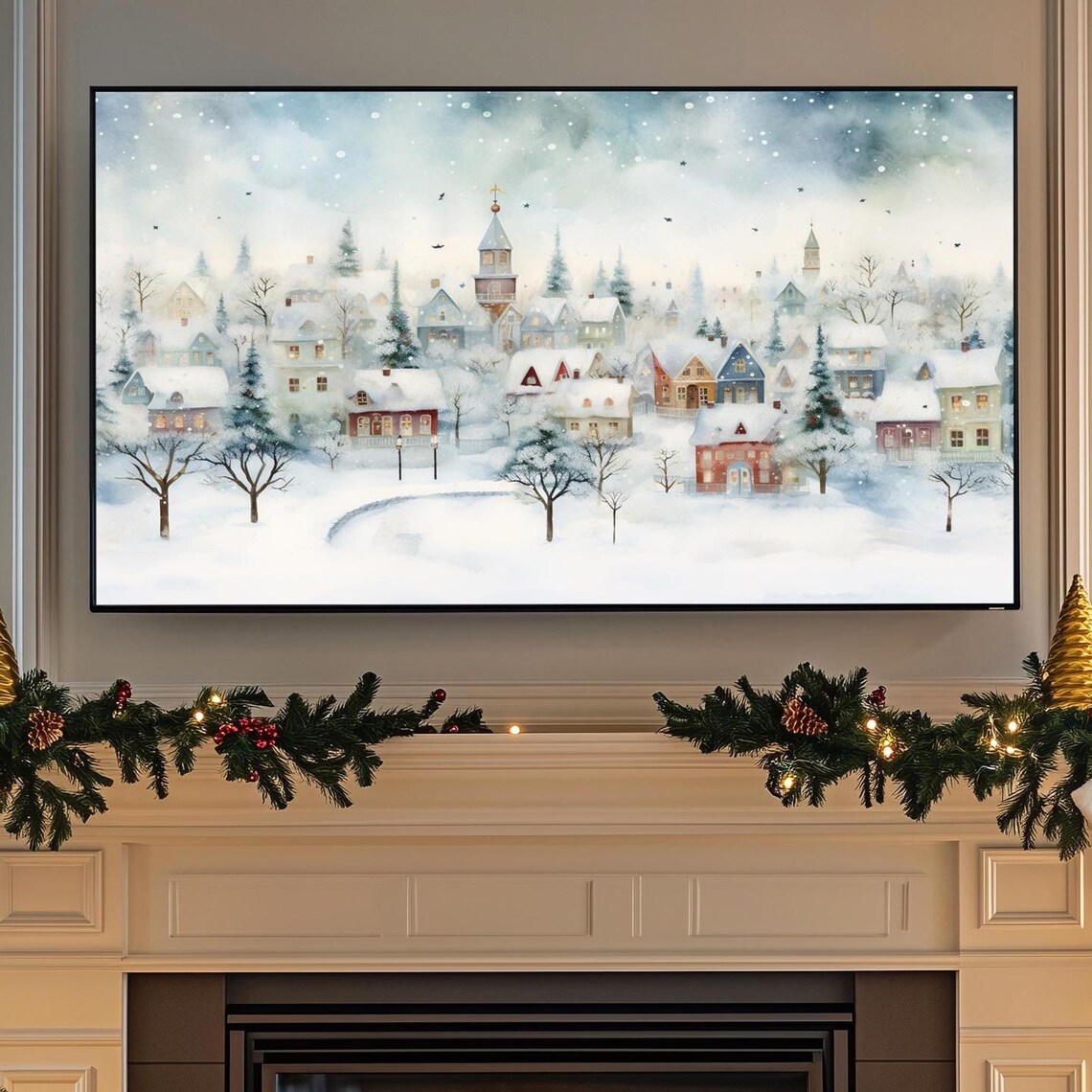 Snowy Winter Village Watercolor Charming Holiday Town Scene Poster