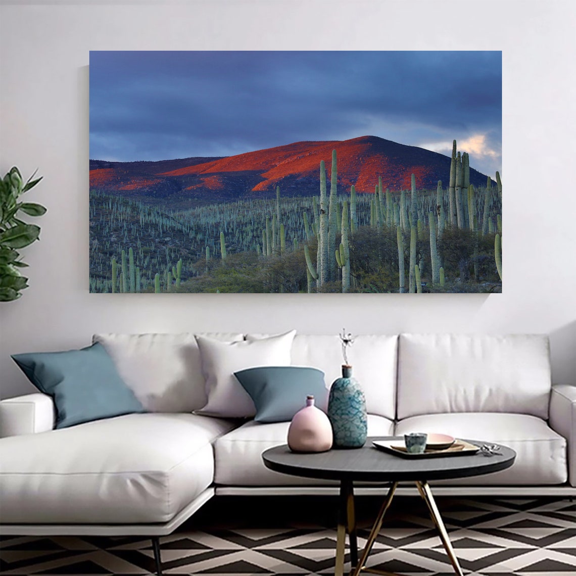 Desert Cactus Sunset Red Mountain Columnar Cacti Landscape Poster - Image 3