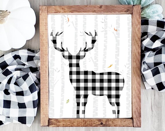 Buffalo Plaid Deer Silhouette Birch Forest Autumn Farmhouse Poster