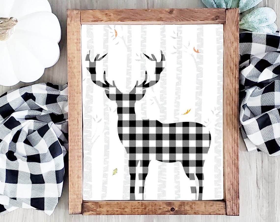 Buffalo Plaid Deer Silhouette Birch Forest Autumn Farmhouse Poster