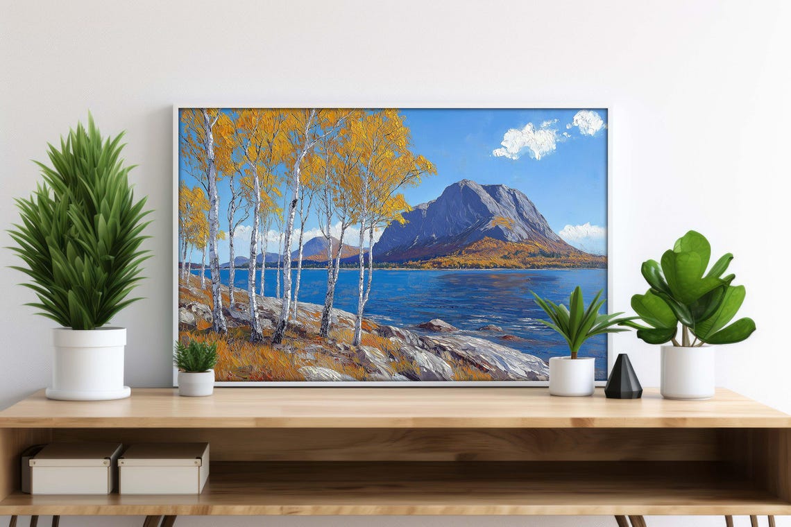 Golden Autumn Birch Trees Lakeside Mountain Landscape Poster - Image 5