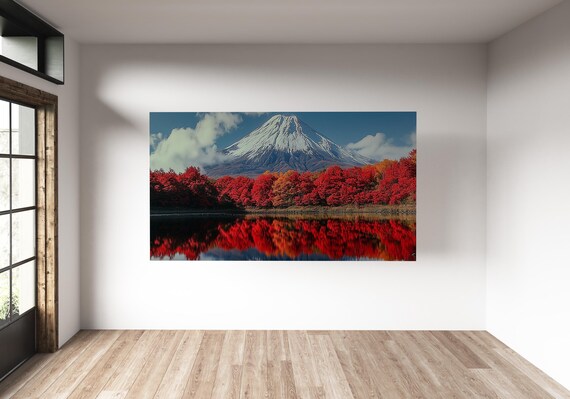 Mount Fuji Autumn Lake Reflection Poster Red Foliage Japan Scenery