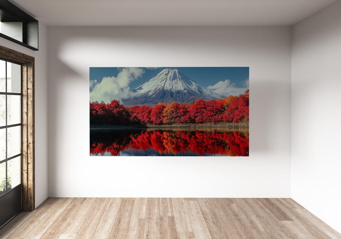 Mount Fuji Autumn Lake Reflection Poster Red Foliage Japan Scenery