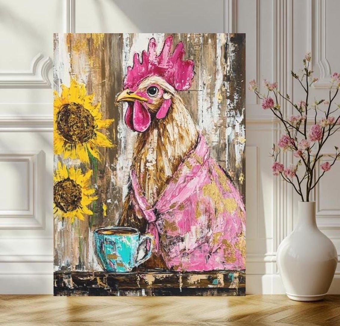 Funny Chicken in Pink Robe with Coffee Cup and Sunflowers Farm Poster