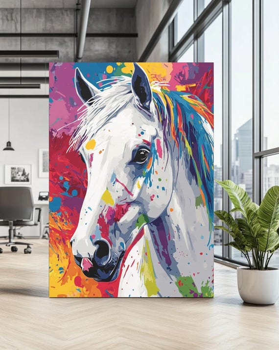 Colorful Horse Canvas Wall Art Vibrant Painting Print Abstract Stallion Poster Artistic Equine Decor Oversized Modern
