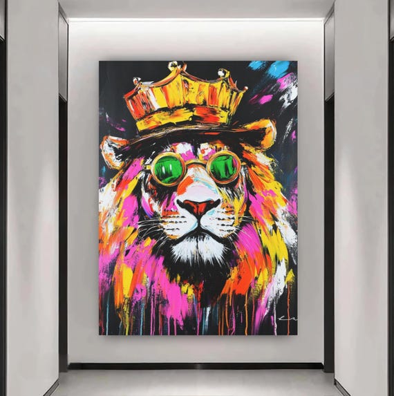 Colorful Lion Wall Art Graffiti Canvas Crown Jungle King Print Street Pop Decor Bold Urban For Home Office