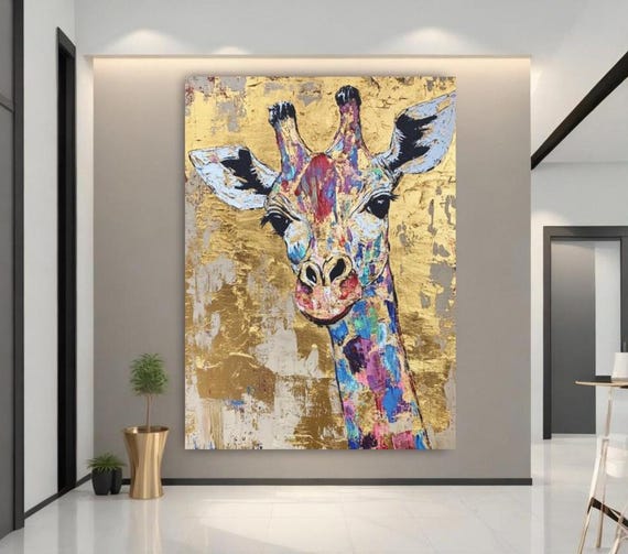 Colorful Giraffe Wall Art Gold Leaf Safari Animal Canvas Bold African Jungle Decor Luxury Glam Painting Modern Print