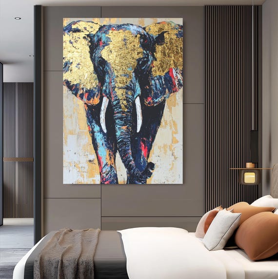 Gold Elephant Canvas Art Modern Safari Decor Colorful Animal Bold Abstract Painting Luxury Jungle Poster Large