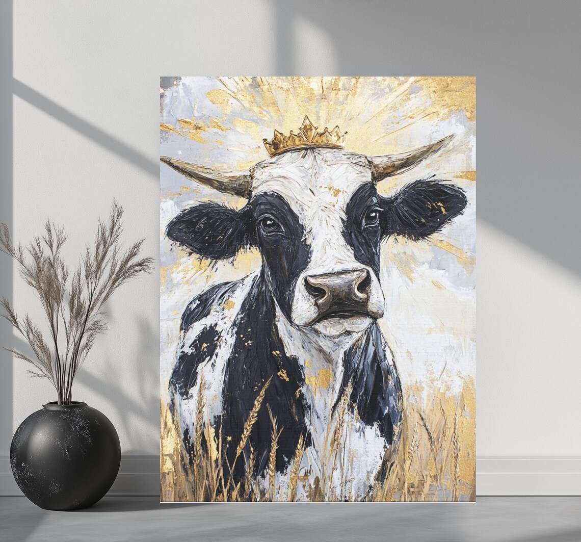 Crowned Cow with Golden Crown in Wheat Field Farmhouse Animal Poster
