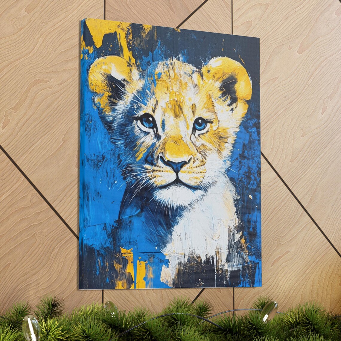 Golden Lion Cub Painting Blue Background Abstract Safari Animal Poster